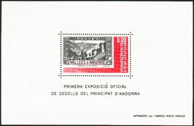 timbre Andorre Bloc 1 légende : 1ère exposition de T.-Poste andorrans