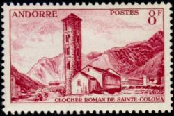 timbre Andorre N° 143 légende : Clocher de Saint-Coloma
