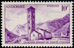 timbre Andorre N° 144 légende : Clocher de Saint-Coloma