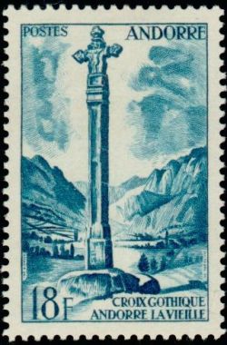 timbre Andorre N° 147 légende : Croi0 gothique à Andorre la Vieille