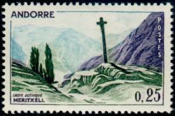 timbre Andorre N° 158 légende : Croi0 gothique de Merit0ell