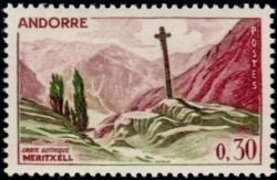 timbre Andorre N° 159 légende : Croi0 gothique de Merit0ell