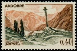 timbre Andorre N° 159A légende : Croi0 gothique de Merit0ell