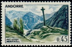 timbre Andorre N° 160 légende : Croi0 gothique de Merit0ell