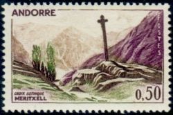 timbre Andorre N° 161 légende : Croi0 gothique de Merit0ell