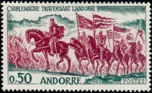 timbre Andorre N° 167 légende : Charlemagne traversant l'Andorre