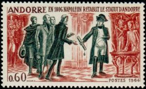 timbre Andorre N° 168 légende : Napoléon rétablit le statut de co-principauté