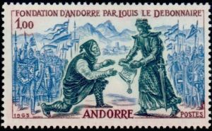 timbre Andorre N° 169 légende : Fondation d'Andorre par Louis le Débonnaire