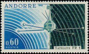 timbre Andorre N° 177 légende : Mise en orbite du satellite français ''FRI''