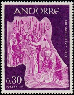 timbre Andorre N° 185 légende : Le baiser de Judas