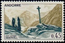 timbre Andorre N° 204 légende : Croi0 gothique de Merit0ell