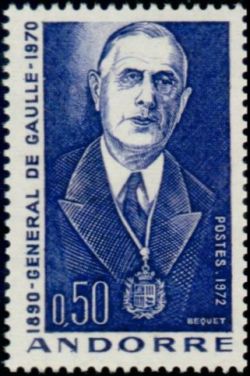 timbre Andorre N° 224 légende : Hommage au général de Gaulle, Co-Prince d'Andorre