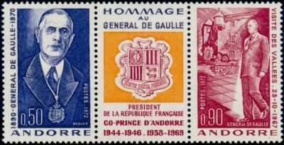 timbre Andorre N° 225A légende : Hommage au général de Gaulle, Co-Prince d'Andorre