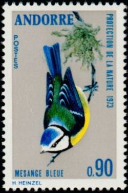 timbre Andorre N° 232 légende : Mésange bleue