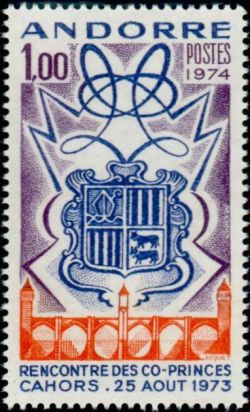 timbre Andorre N° 239 légende : Anniversaire de la rencontre des Co-Princes d'Andorre à Cahors