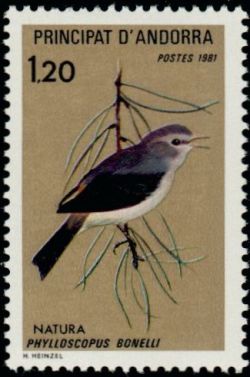 timbre Andorre N° 294 légende : Oiseau : Phylloscopus bonelli