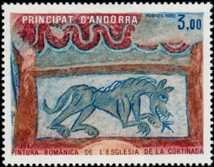 timbre Andorre N° 305 légende : peinture romane de l'église de la Cortinada