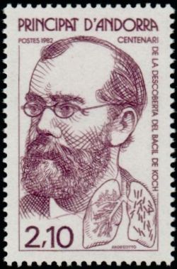 timbre Andorre N° 308 légende : Centenaire de la découverte du bacille de la tuberculose