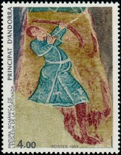 timbre Andorre N° 325 légende : Peinture romane de l'église de la Cortinada