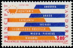 timbre Andorre N° 333 légende : centre de rencontre des cultures pyrénéennes