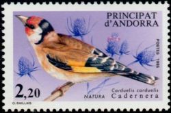 timbre Andorre N° 343 légende : Carduelis carduelis