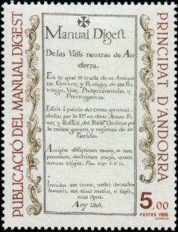 timbre Andorre N° 352 légende : Bicentenaire de la 1er publication du ''Manual  Digest''