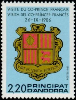 timbre Andorre N° 355 légende : Visite du Co-Prince français le 26 septembre 1986