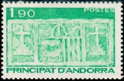 timbre Andorre N° 356 légende : Ecu primitif des Vallées