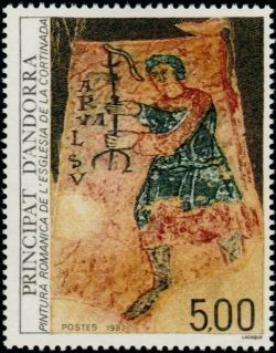 timbre Andorre N° 363 légende : Peinture romane de l'église de la Cortinada