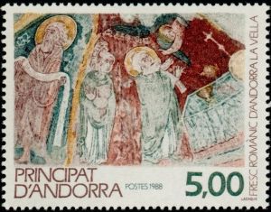 timbre Andorre N° 375 légende : Fresque romane de l'église d'Andorre