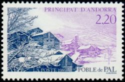 timbre Andorre N° 377 légende : Le village de Pal en hiver