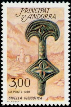 timbre Andorre N° 381 légende : Pièce de ceinture apparentée à celles des mérovingiens