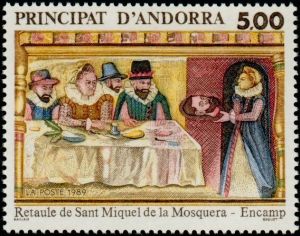 timbre Andorre N° 384 légende : Retable de Saint Michel de la Mosquera Encamp