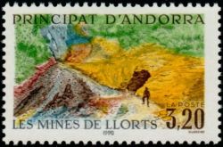 timbre Andorre N° 386 légende : Les mines de Llorts