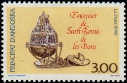 timbre Andorre N° 392 légende : Encensoir de Saint Roma de Les Bons