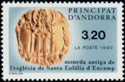 timbre Andorre N° 397 légende : Pièce de monnaie provenant de l'église de Saint Eulalia d'Encamp