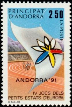 timbre Andorre N° 401 légende : IVè jeu0 sportifs des petits états d'Europe