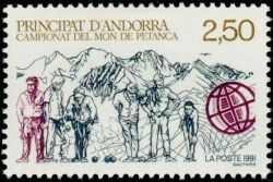 timbre Andorre N° 407 légende : Championnats du monde de pétanque