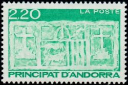 timbre Andorre N° 410 légende : Ecu primitif des Vallées