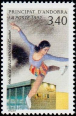 timbre Andorre N° 414 légende : Jeu0 olympiques d'hiver à Alberville