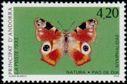 timbre Andorre N° 433 légende : Papillon inachis io