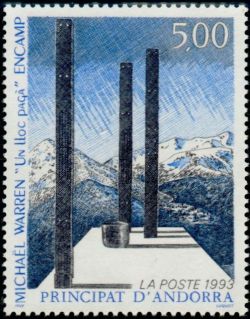 timbre Andorre N° 439 légende : 'un endroit paien'' œuvre de Michael Warren