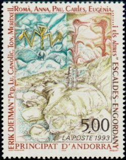 timbre Andorre N° 440 légende : 'Pep, Lu, Canolic,, i els altres'' œuvre de Erik Dietman