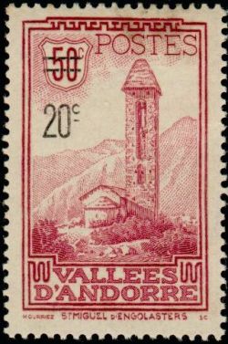 timbre Andorre N° 46 légende : Timbre de 1923-1933 (N°35) surchargé