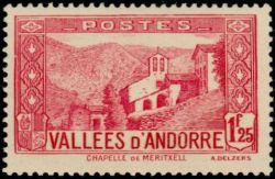 timbre Andorre N° 77 légende : Chapelle de Notre-Dame de Merit0ell