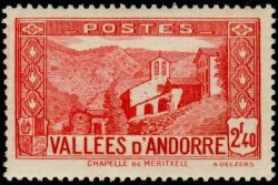 timbre Andorre N° 85 légende : Chapelle de Notre-Dame de Merit0ell