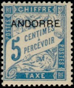timbre Andorre Taxe 1 légende : Timbre taxe de France avec surchage ''ANDORRE''