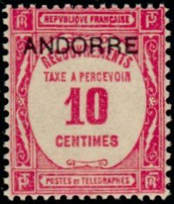 timbre Andorre Taxe 10 légende : Timbre de 1927-1931 (recouvrement) avec surchage ''ANDORRE''