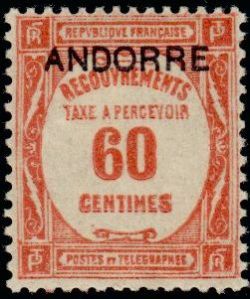 timbre Andorre Taxe 11 légende : Timbre de 1927-1931 (recouvrement) avec surchage ''ANDORRE''