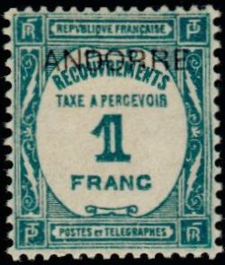 timbre Andorre Taxe 12 légende : Timbre de 1927-1931 (recouvrement) avec surchage ''ANDORRE''
